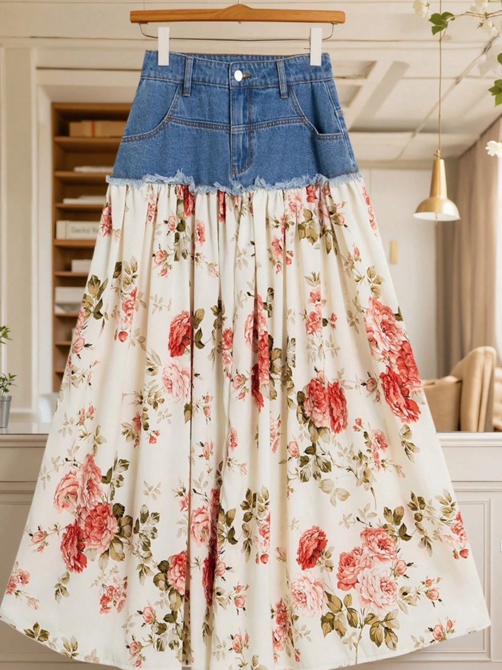 Boho Floral Print Denim Frayed Flowy Maxi Skirt - Picture 3 of 6
